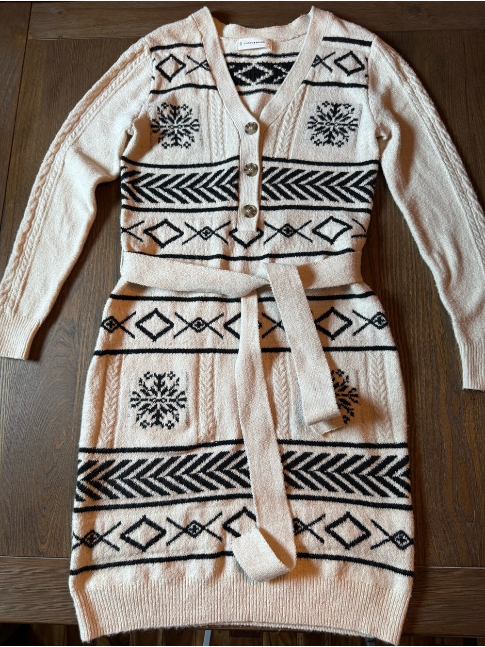 Lucky Brand Cream and Black Patterned V-Neck Knit Sweater Dress with Belt NWOT